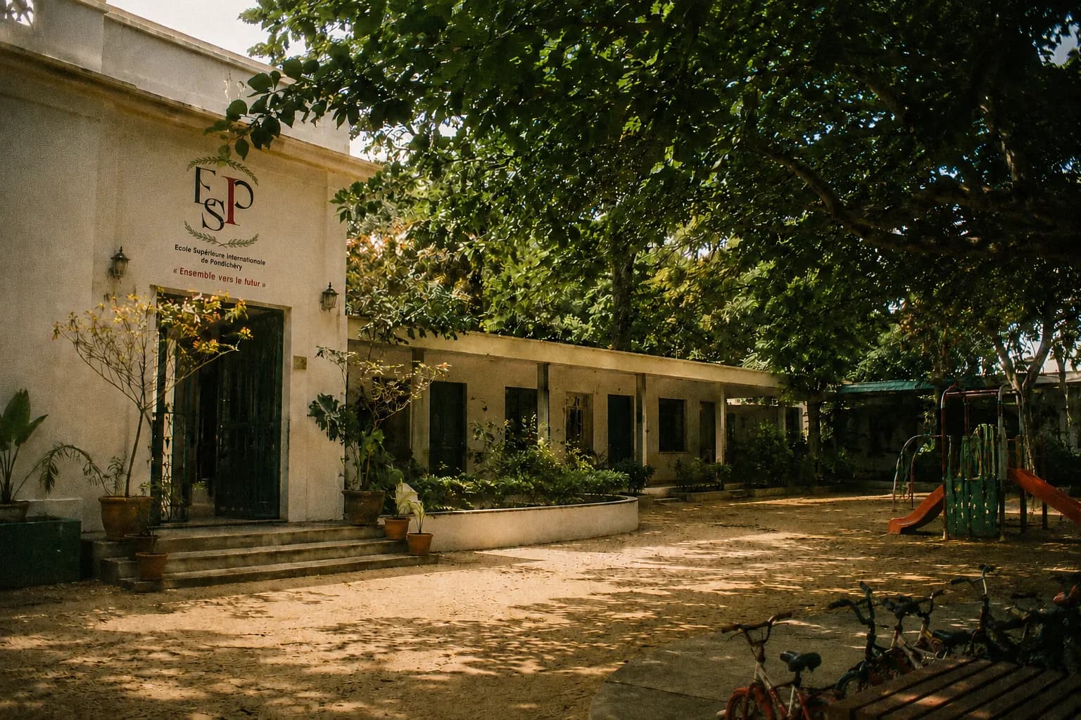 L'entrée du campus de l'école internationale ESIP Primary à Pondichéry, ombragée par des arbres, avec une aire de jeux et des vélos dans la cour